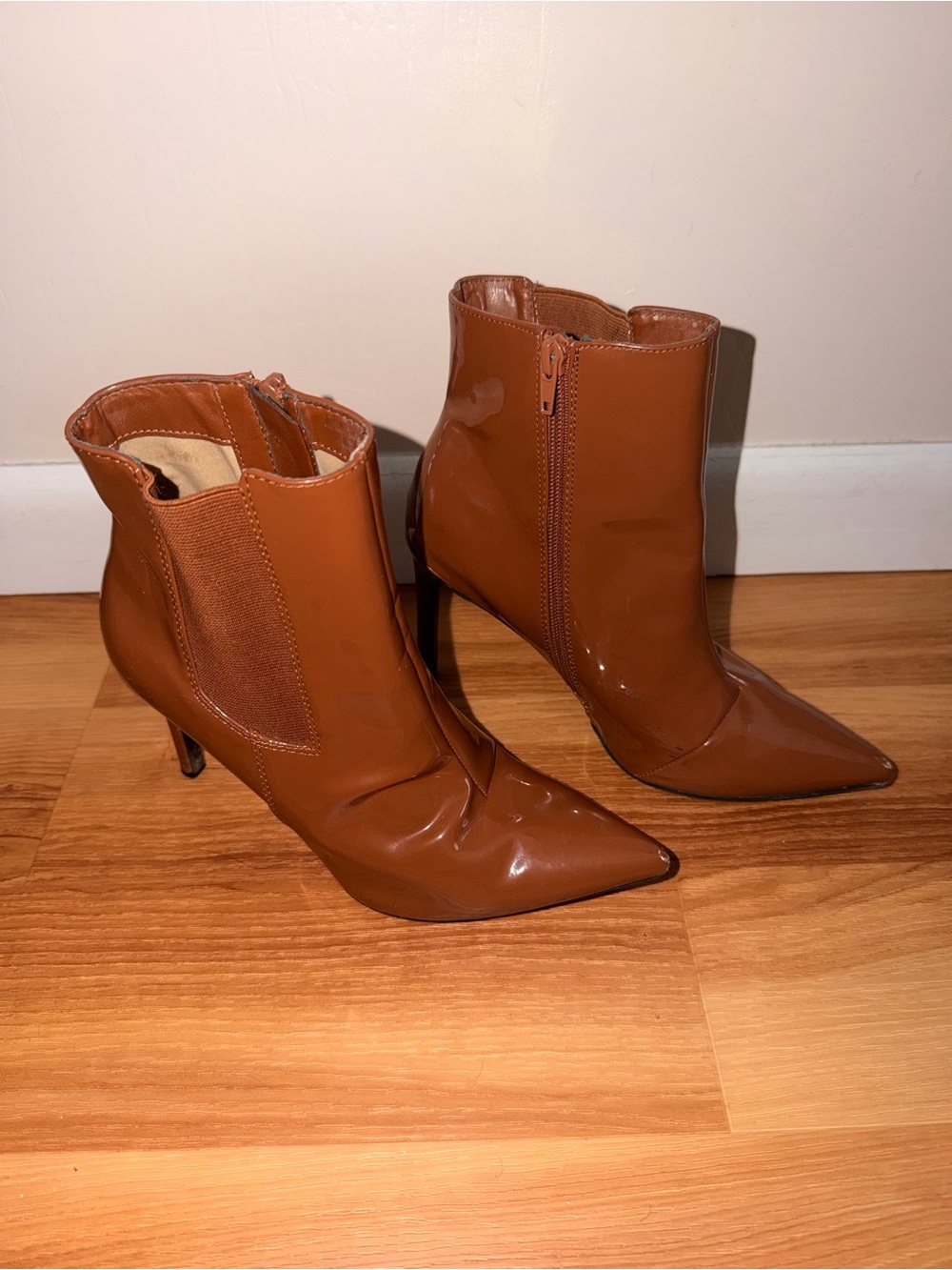 INC International Concepts Pointed Patent Ankle Boots in Tan Brown
